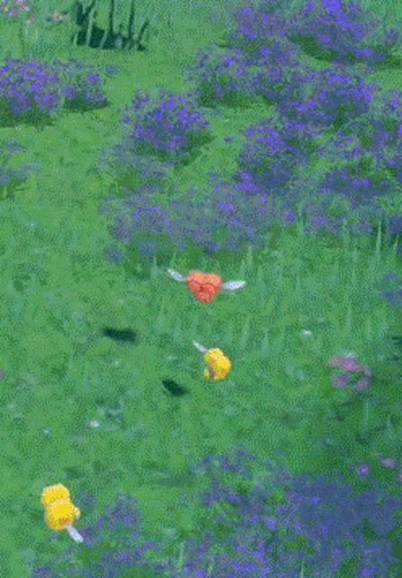 a red heart is surrounded by yellow stars in a field of purple flowers