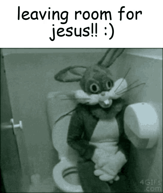 a bunny sitting on a toilet with the words leaving room for jesus below it