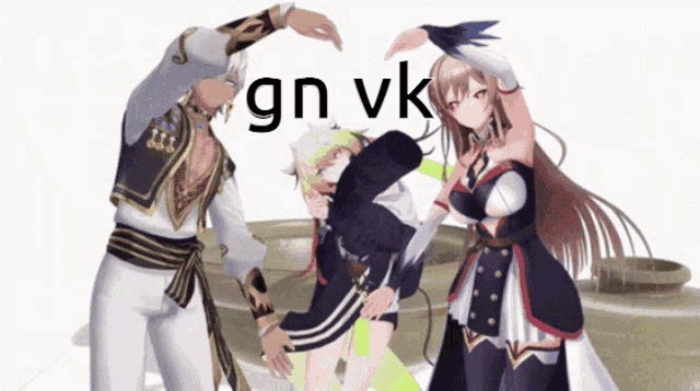 a group of anime characters standing next to each other with gn vk written in the corner