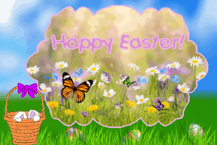 a happy easter greeting card with butterflies and eggs