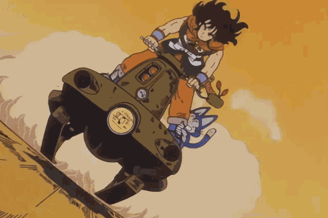 a cartoon drawing of a man riding a motorcycle with a cat on the back