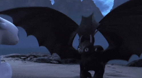 toothless and light fury from how to train your dragon standing on a beach