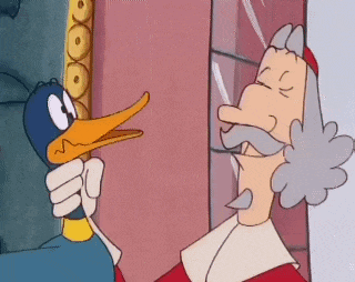 a cartoon duck is talking to a man with a mustache in a castle .