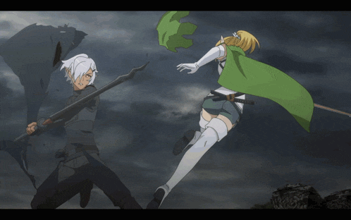 a man with a spear and a woman with a green cape