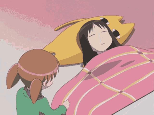 a cartoon girl peeking out from under a pink and yellow blanket