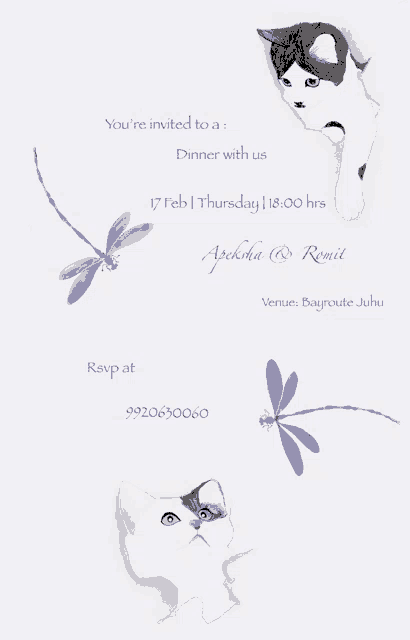 an invitation for a dinner with a cat and dragonflies on it