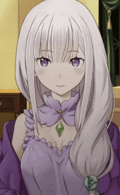 a girl with white hair and purple eyes wears a purple dress