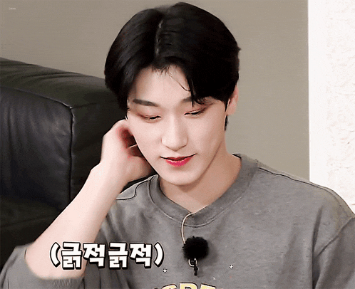 a young man wearing a gray shirt with korean writing on the front