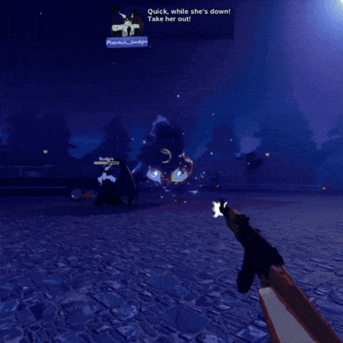 a screenshot of a video game with the words quick while she 's down take her out