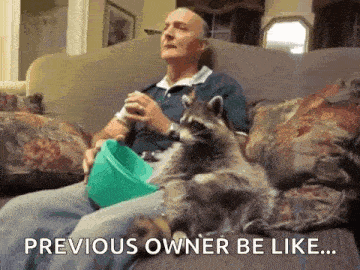 a man is sitting on a couch with a raccoon on his lap and a green bowl on his lap .