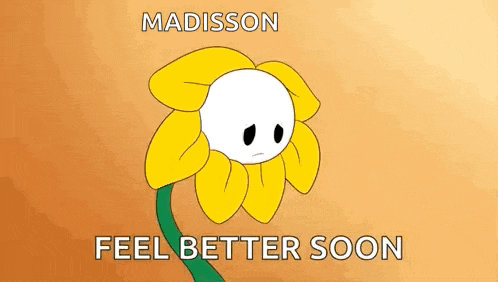 a cartoon flower with a sad face and the words `` feel better soon '' written on it .