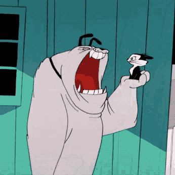 a cartoon of a dog holding a cat with its mouth open