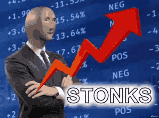 a man in a suit and tie is standing in front of a graph that says stonks on it