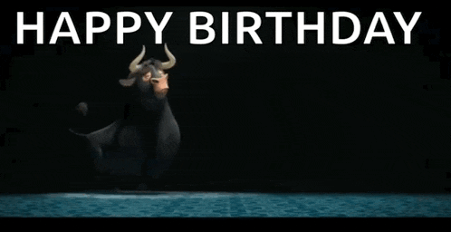 a bull is standing in the water with the words `` happy birthday '' written above it .
