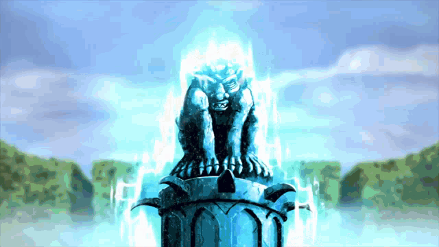 a statue of a gargoyle is surrounded by a blue light