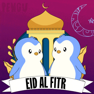 two penguins standing next to each other with a banner that says eid al fitr on it