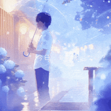 a drawing of a boy holding an umbrella with the name miyuki written below him