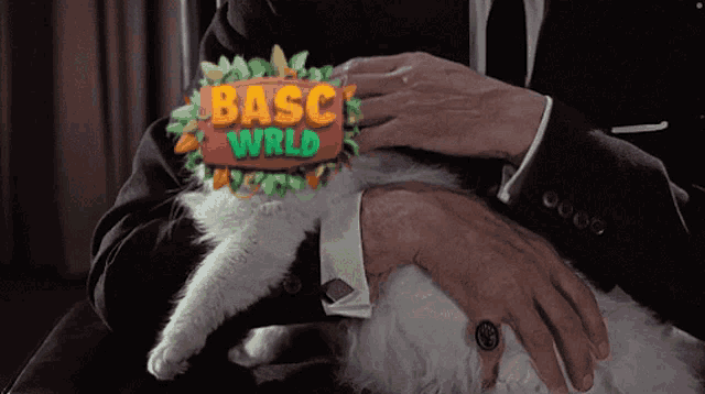 a man holding a cat with a basc world sign on top of it
