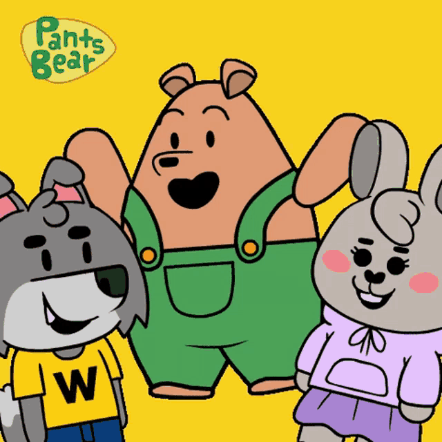a group of cartoon characters standing next to each other with pants bear written on the bottom