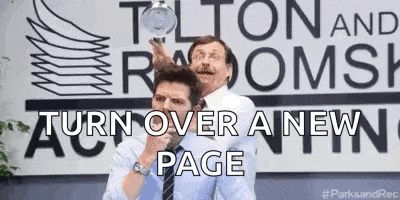 two men are standing in front of a sign that says `` turn over a new page '' .