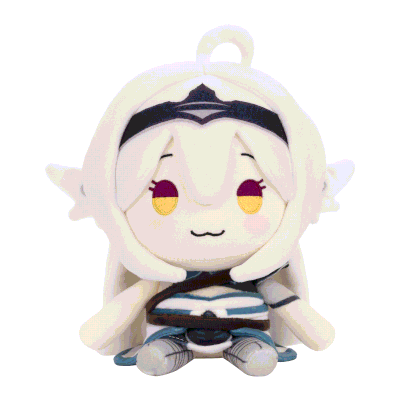 a stuffed toy of a girl with long white hair and yellow eyes