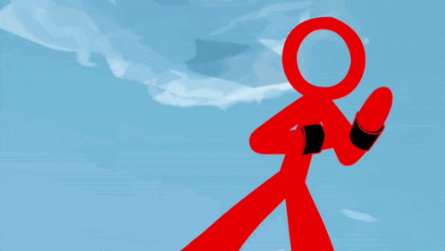 a black and white arrow and a red q on a blue background