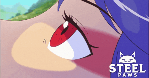 a close up of a person 's eye with the words steel paws written below it