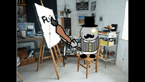 a cartoon drawing of a man in a top hat painting a picture with the word fun