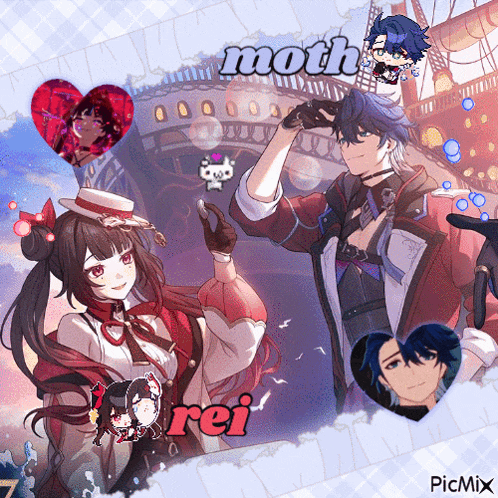 a picture of a girl and a boy with moth and rei on the bottom
