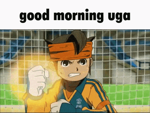 a cartoon character with a fist in the air and the words good morning uga