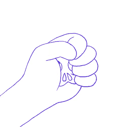 a drawing of a hand holding a skull with purple eyes .