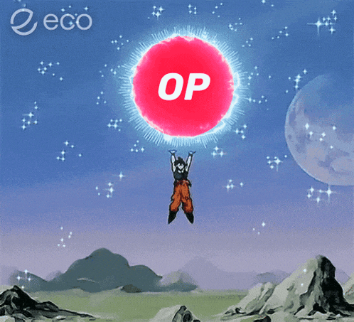 a cartoon character is flying through the air holding a red ball that says op on it