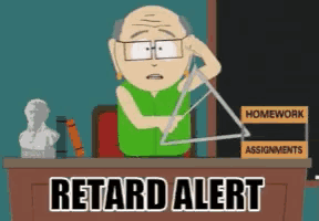 a cartoon of a man sitting at a desk with the words retard alert on it