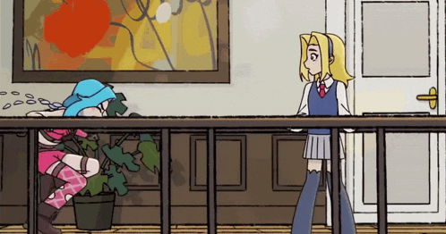 a cartoon drawing of two girls standing next to each other on a balcony