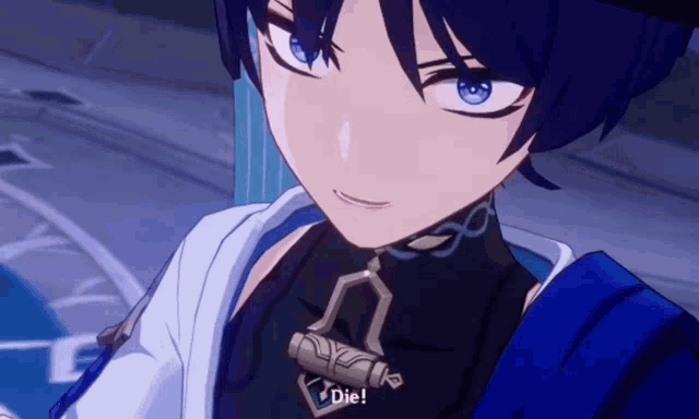 a blue haired anime character with a necklace that says die on it