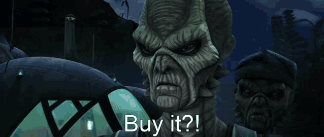 a cartoon character says " buy it " in front of a dome
