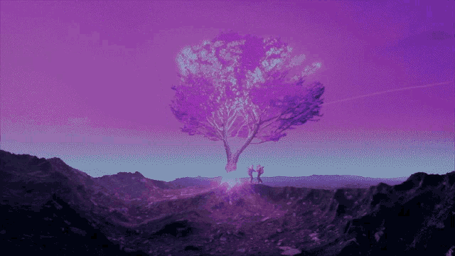 two people standing under a purple tree with a purple sky behind them