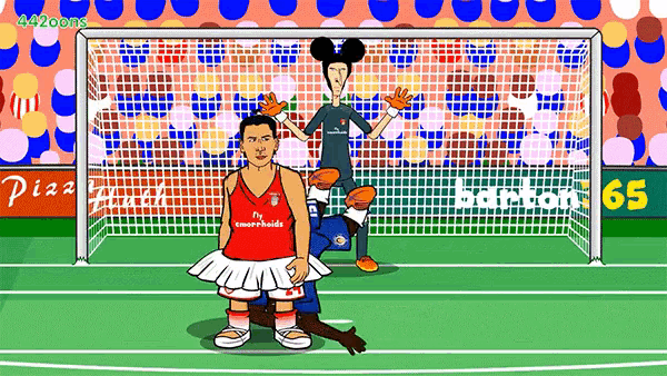 a cartoon of a soccer game with a pizza hut ad