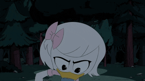 a cartoon duck with a pink bow on her head is standing in a dark forest