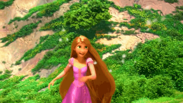 a cartoon girl in a pink dress is standing in a forest