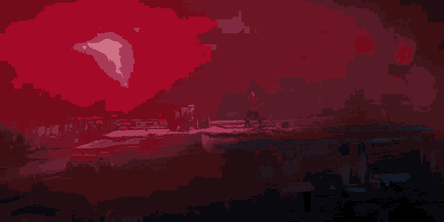 a couple of people standing on top of a cliff with a lightning bolt in the sky .