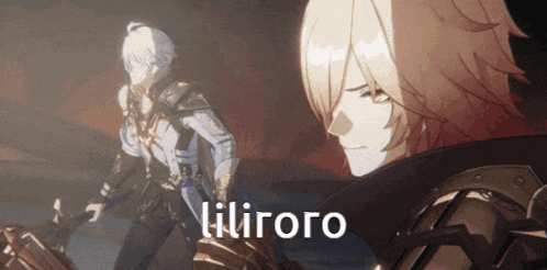 two anime characters are standing next to each other with the word liliroro on the bottom right