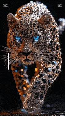 a picture of a leopard with blue eyes made of diamonds