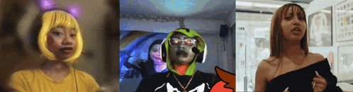 a woman wearing a yellow wig and a man wearing headphones