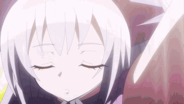 a girl with white hair and a purple shirt is sleeping with her eyes closed