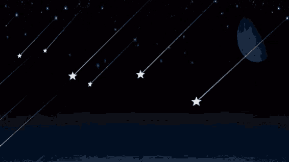 the moon is visible in the background of a night sky with shooting stars