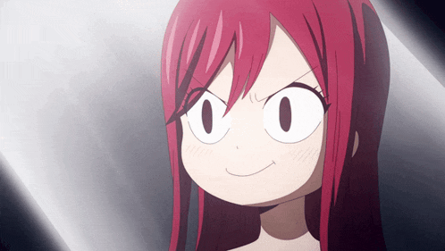 a cartoon girl with red hair and white eyes making an angry face
