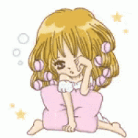 a cartoon girl is sitting on a pink pillow and covering her face .