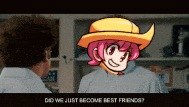 a cartoon character with pink hair and a yellow hat is talking to a man