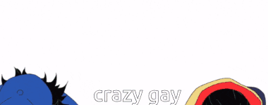 a couple of anime characters standing next to each other with the words crazy gay written below them
